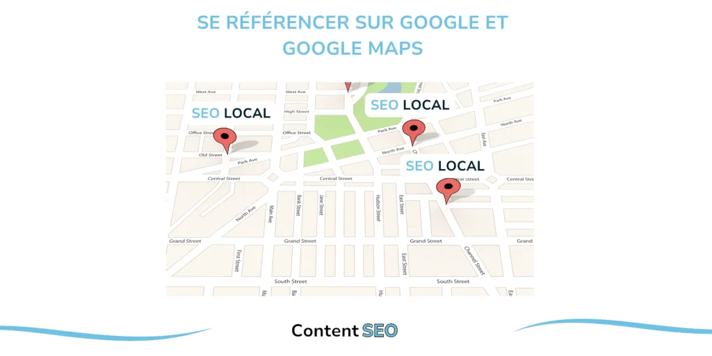 Infographie montrant une carte avec plusieurs repères indiquant "SEO Local", illustrant l'importance de référencer votre entreprise sur Google et Google Maps pour attirer les clients locaux.